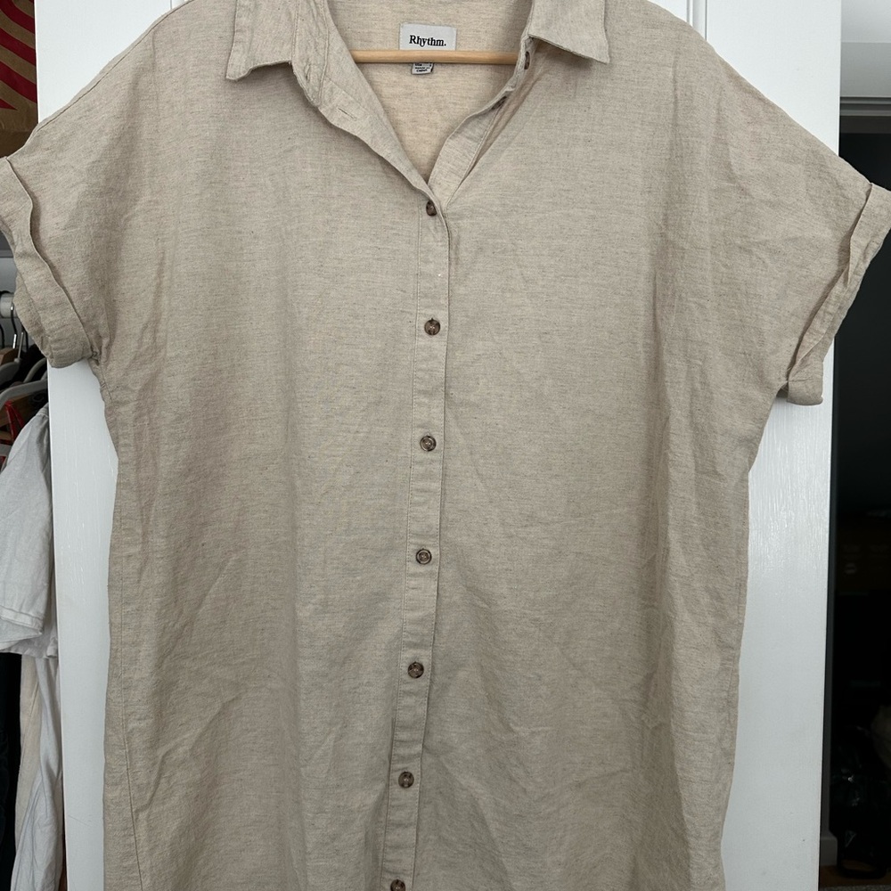 Rhythm. Women’s Casual Button-Down Linen Shirt Dress— Natural Beige